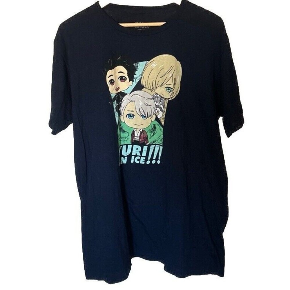 Yuri!!! On Ice Anime Men's XL Blue T-Shirt with Yuri, Yuuri and Victor on Skates